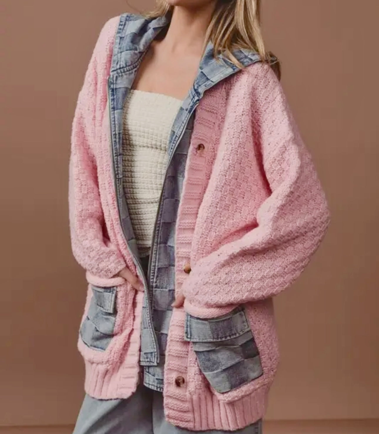 Washed Checker Denim Zip Up Sweater Cardigan