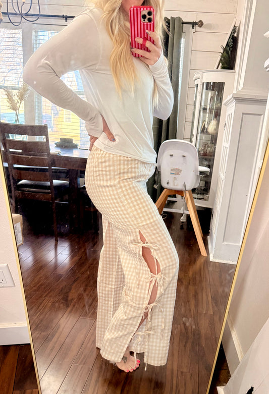Plaid Bow Side Split Pants