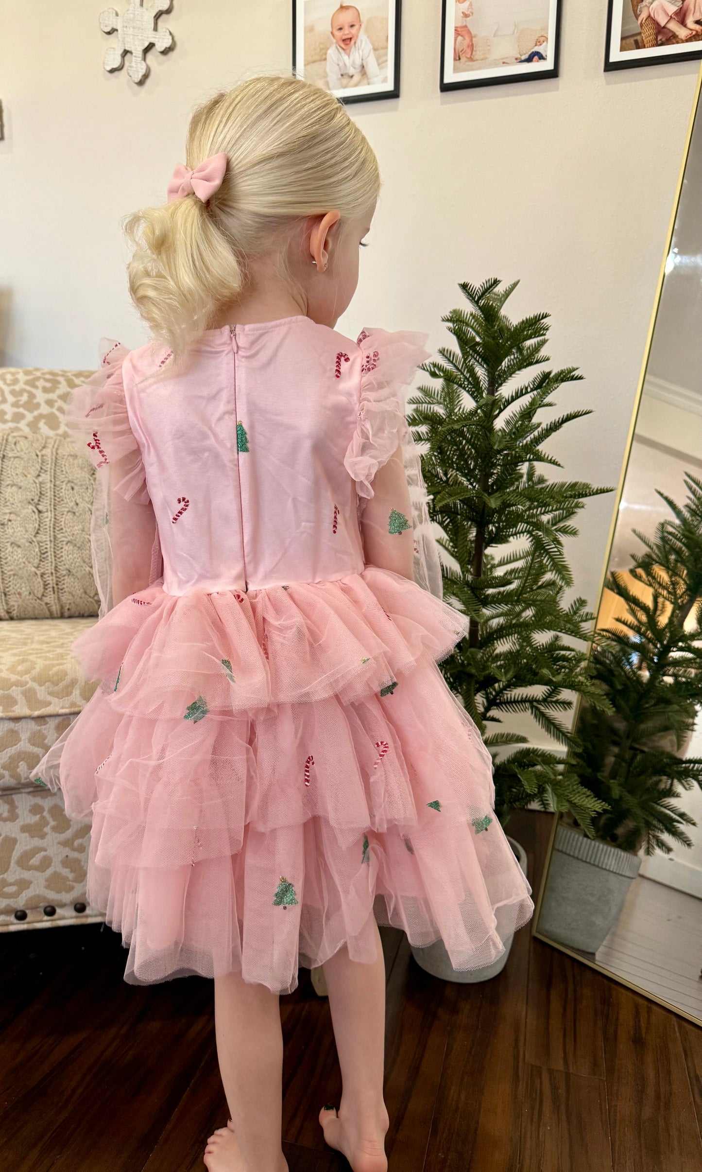 Frosted Pink Candy Cane Christmas Ruffled Tutu Dress