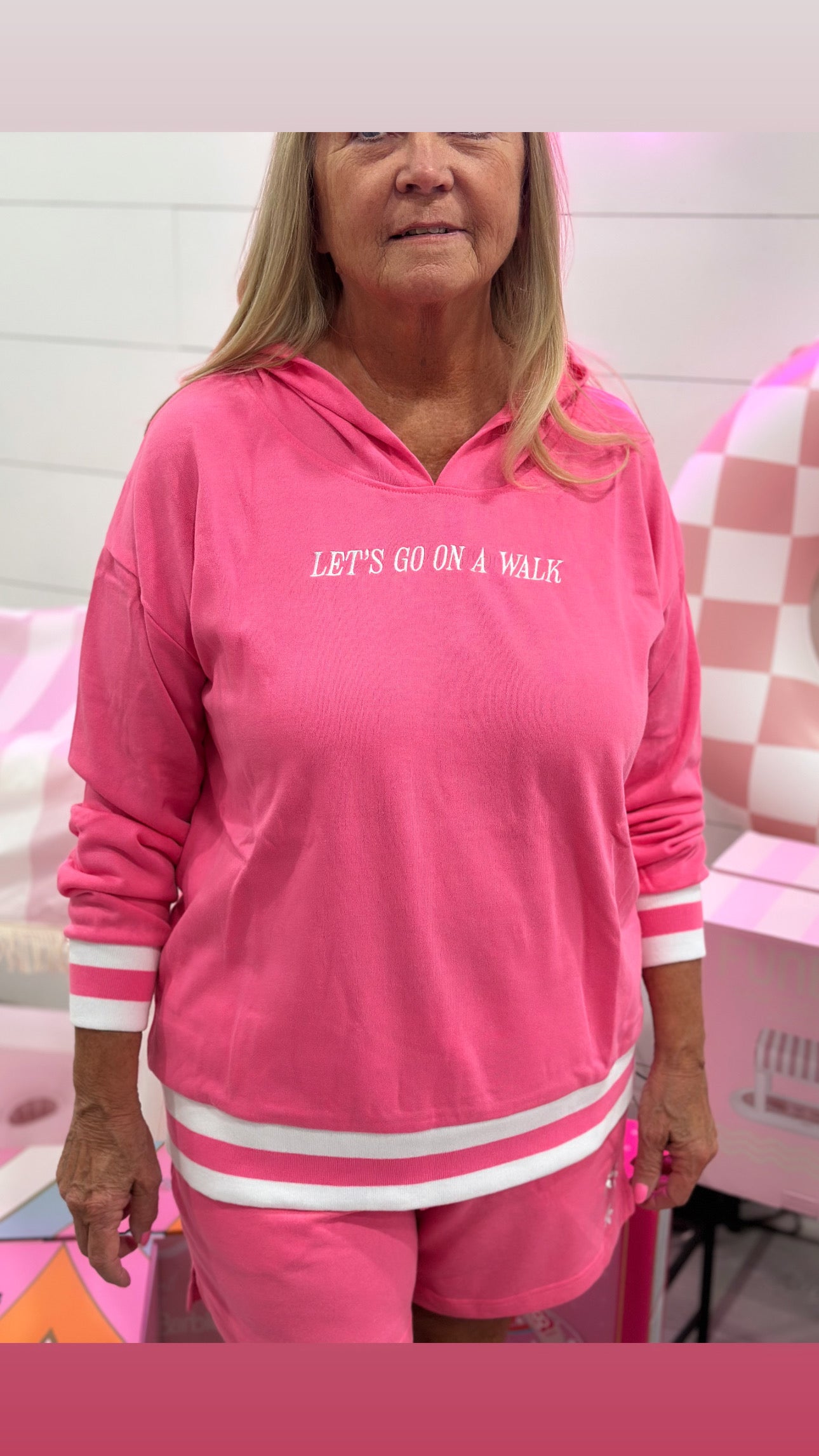 Neon Pink Let’s Go On a Walk Hoodie Short Set