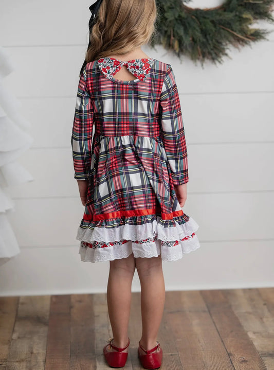 Holiday Ruffle Plaid Bow Back Dress