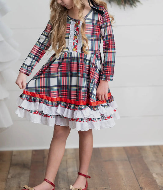 Holiday Ruffle Plaid Bow Back Dress