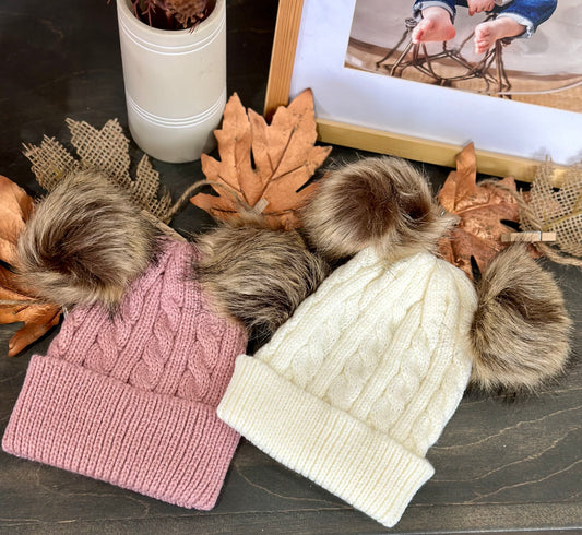 Cable Knit Fur Double Pom Beanie