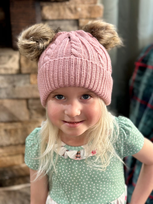 Cable Knit Fur Double Pom Beanie