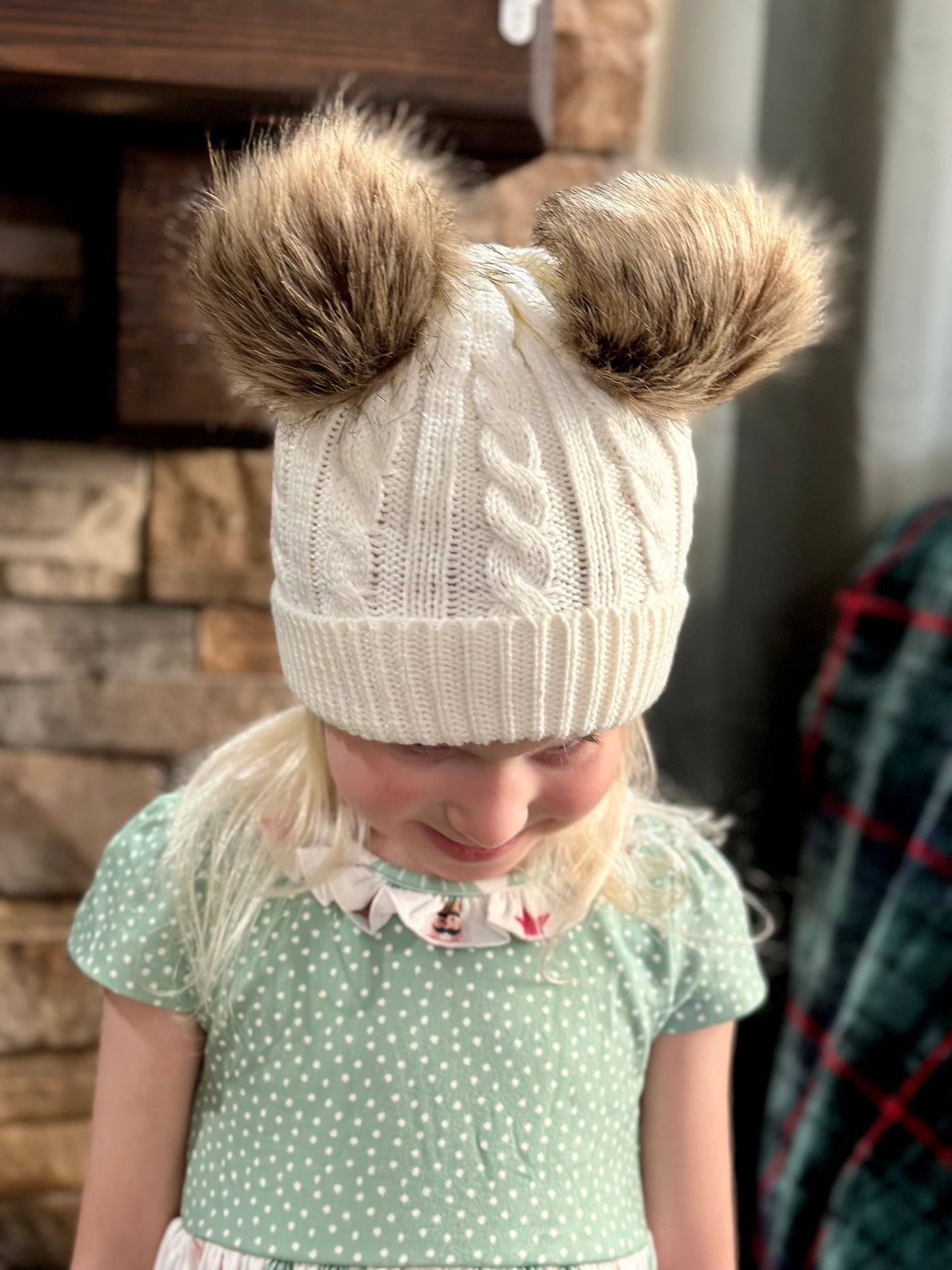 Cable Knit Fur Double Pom Beanie