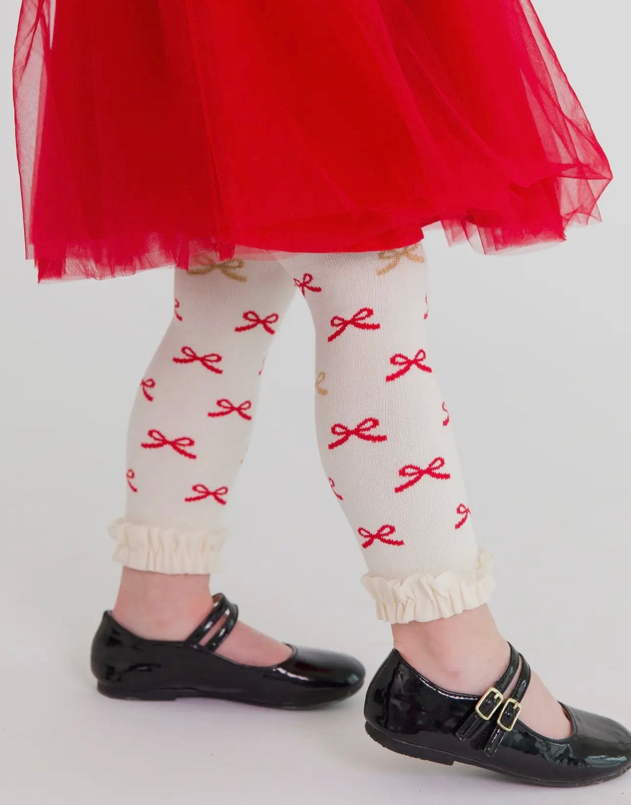 Red Sparkle Bow Patterned Footless Ruffle Tights