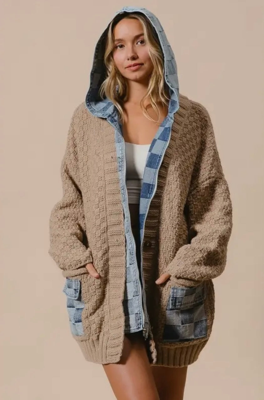 Washed Checker Denim Zip Up Sweater Cardigan