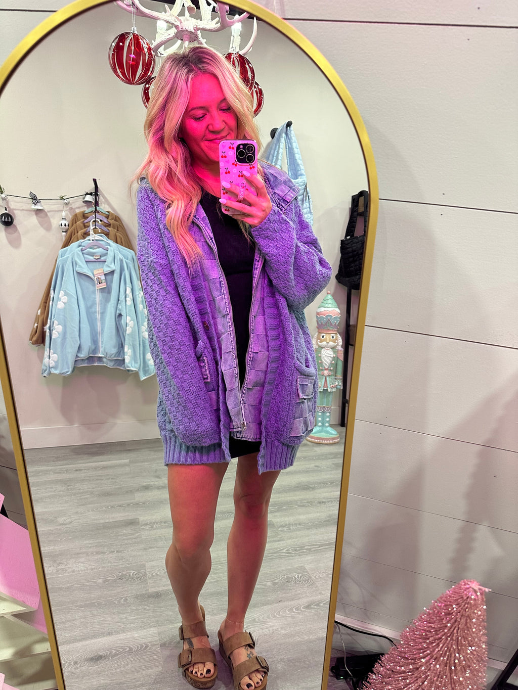 Washed Checker Denim Zip Up Sweater Cardigan