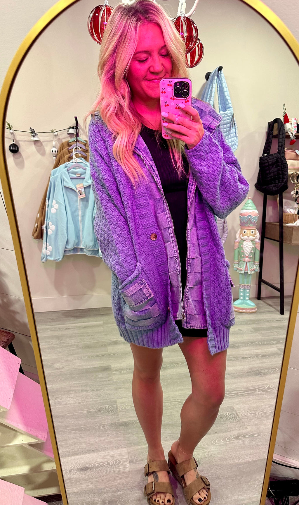 Washed Checker Denim Zip Up Sweater Cardigan