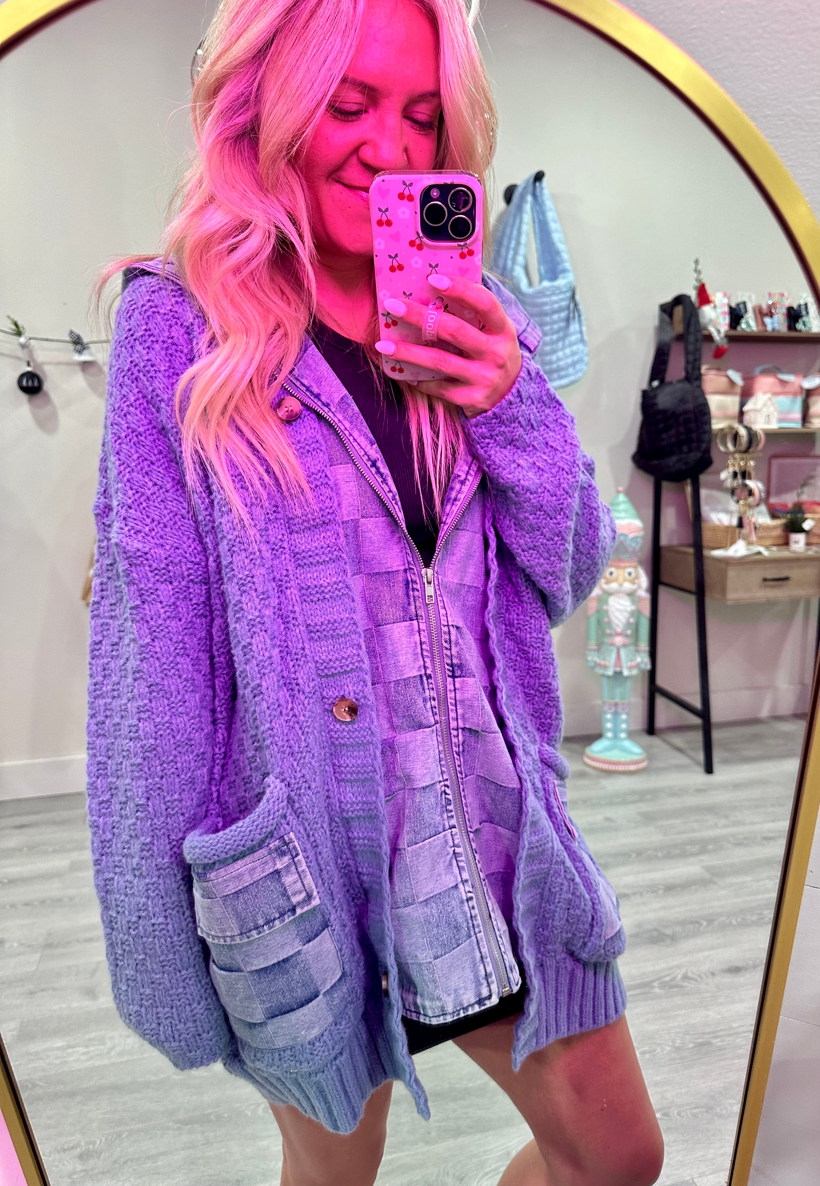 Washed Checker Denim Zip Up Sweater Cardigan