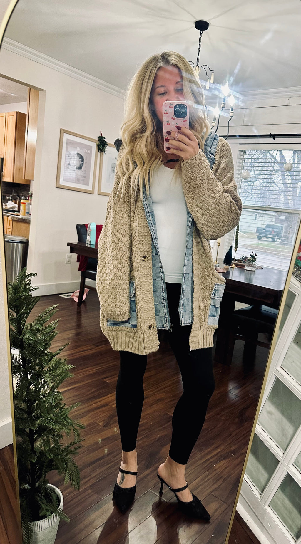 Washed Checker Denim Zip Up Sweater Cardigan