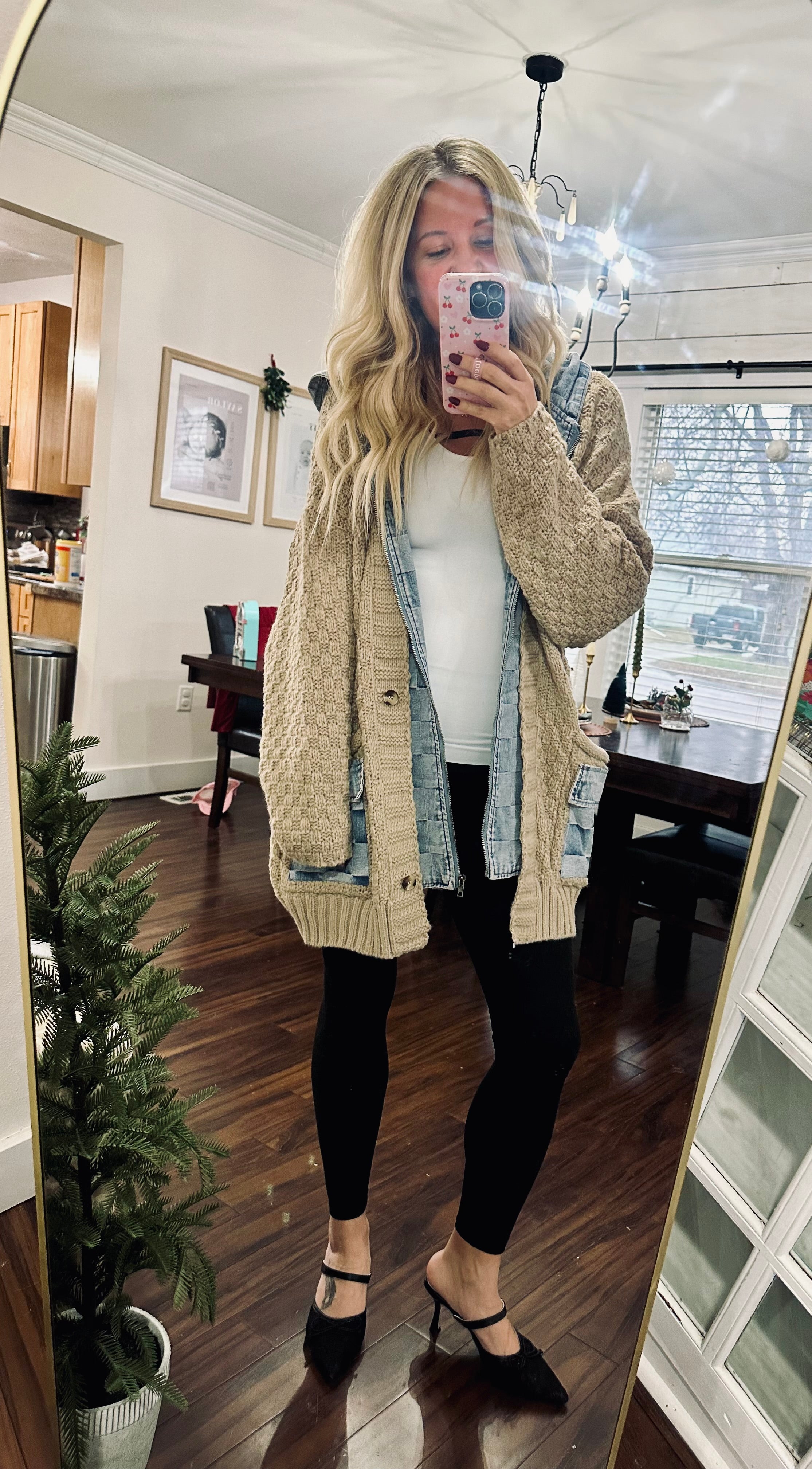 Washed Checker Denim Zip Up Sweater Cardigan