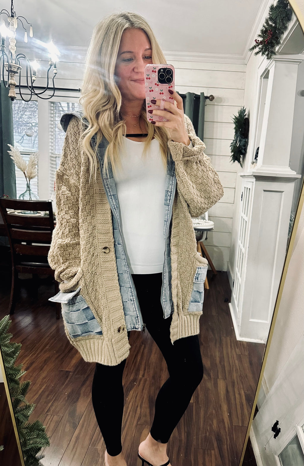 Washed Checker Denim Zip Up Sweater Cardigan