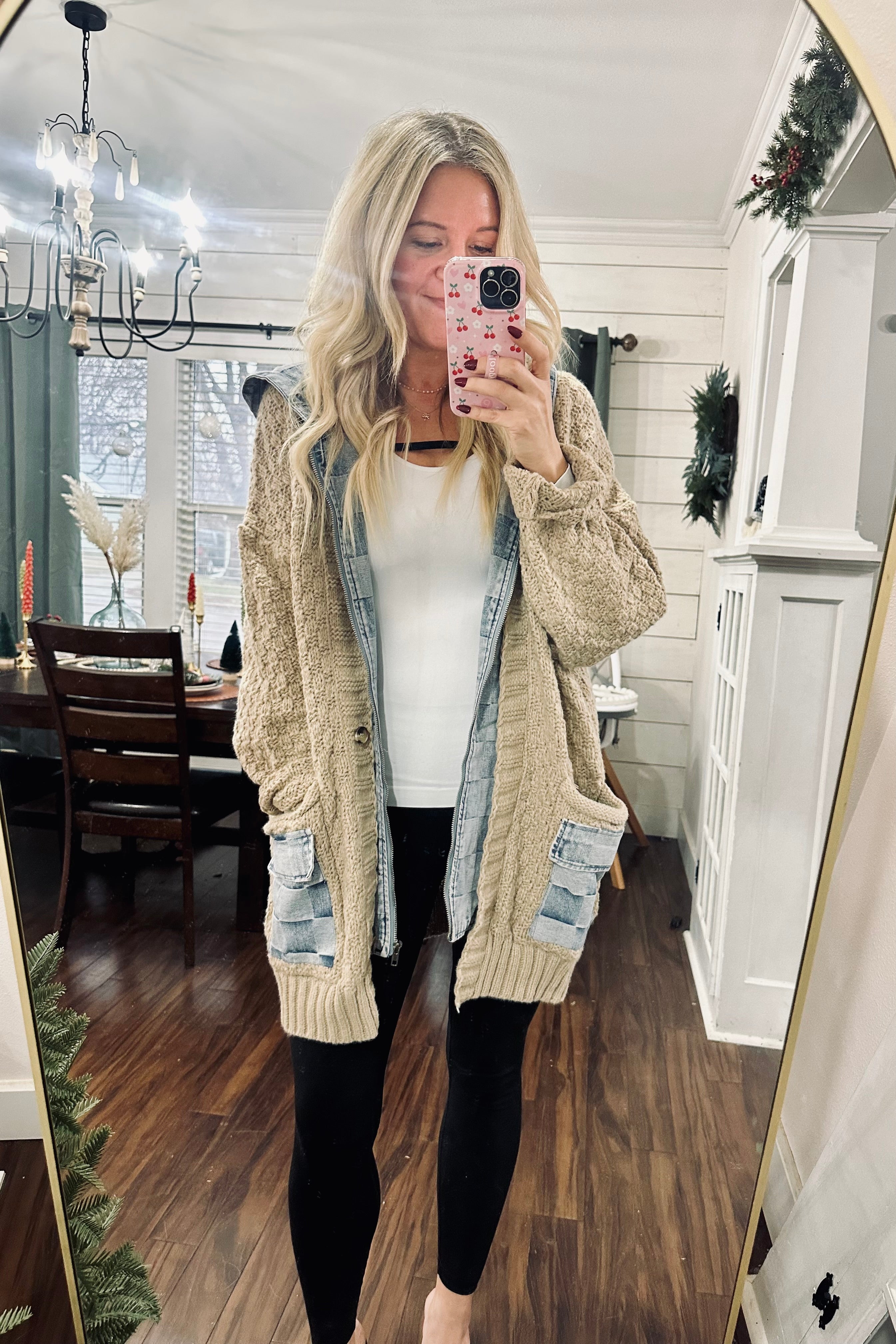 Washed Checker Denim Zip Up Sweater Cardigan