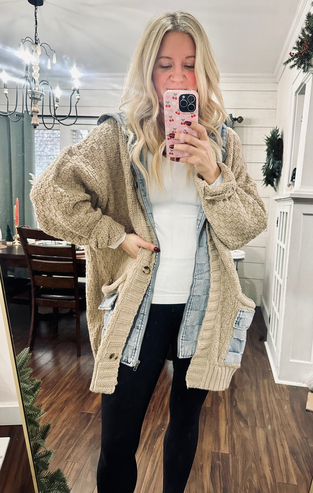 Washed Checker Denim Zip Up Sweater Cardigan