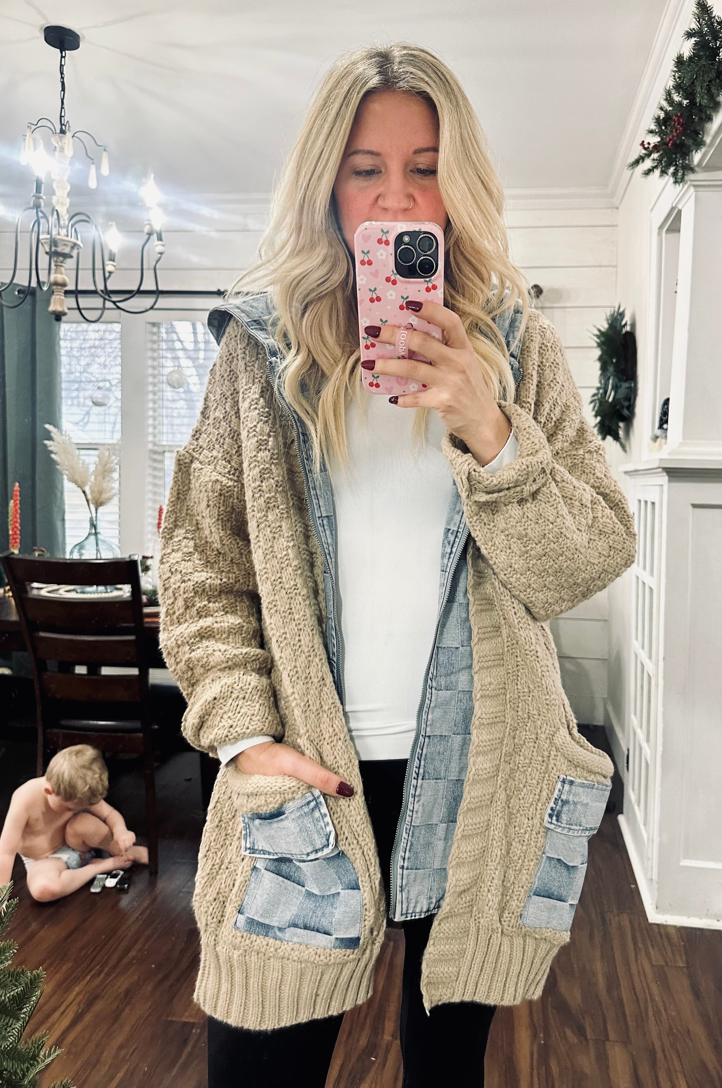 Washed Checker Denim Zip Up Sweater Cardigan