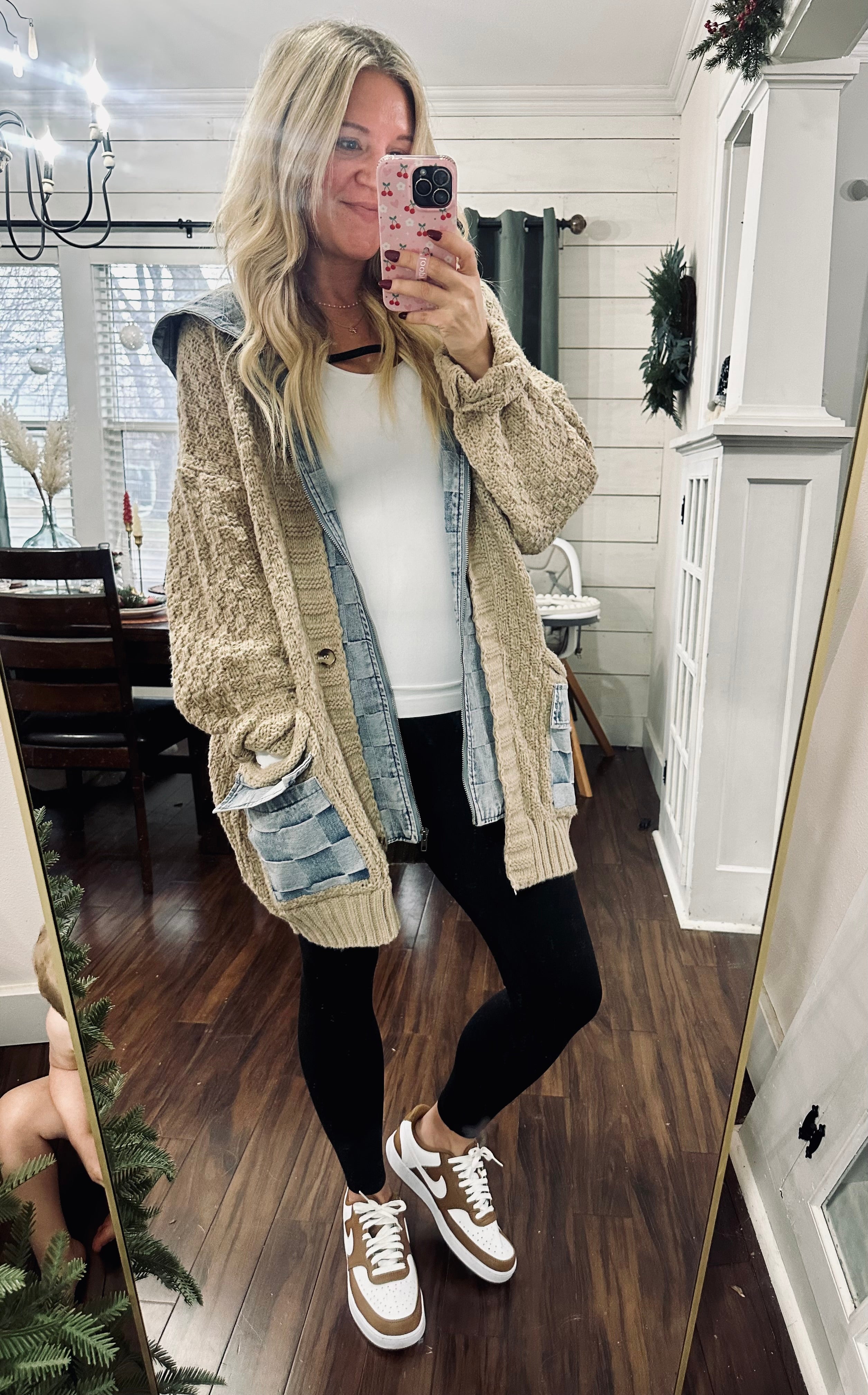 Washed Checker Denim Zip Up Sweater Cardigan