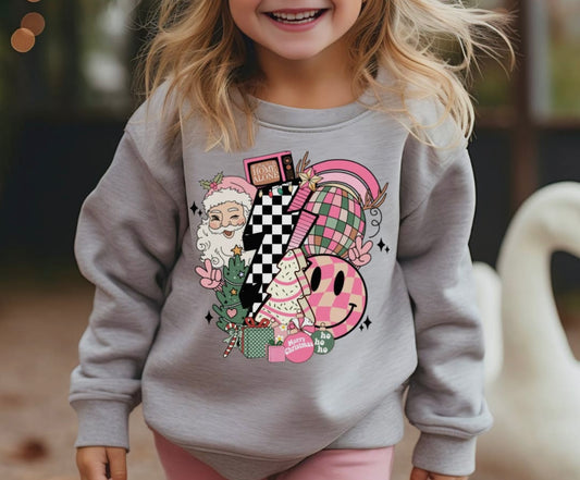 Grey+Pink Retro Santa Christmas Sweatshirt