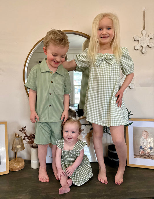 Green Gingham Dress+Bloomer Set