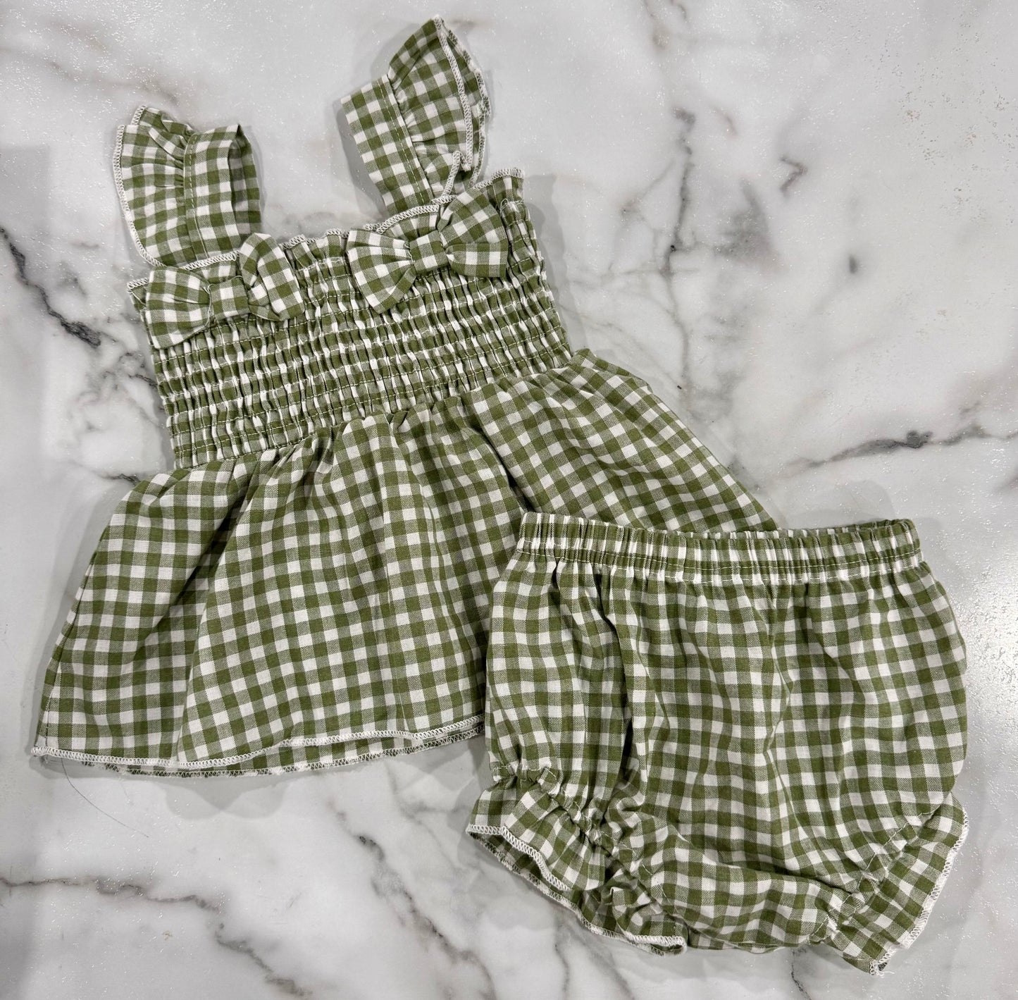 Green Gingham Dress+Bloomer Set