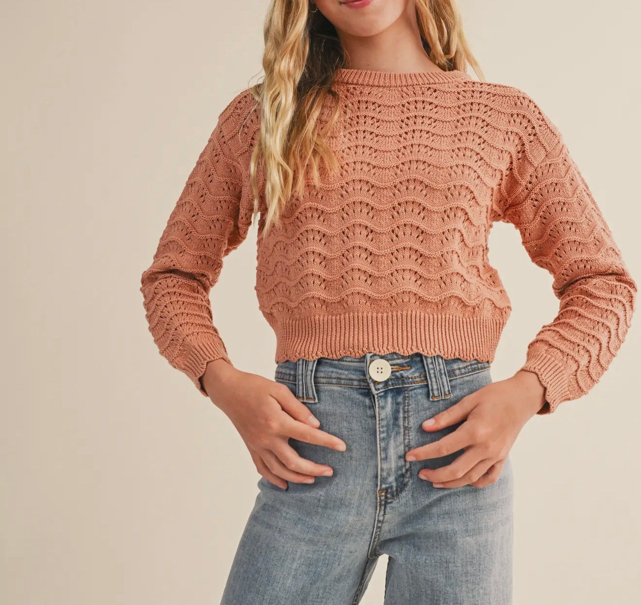 Tween Girls Wavy Pointelle Crew Neck Sweater