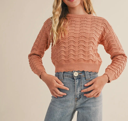 Tween Girls Wavy Pointelle Crew Neck Sweater