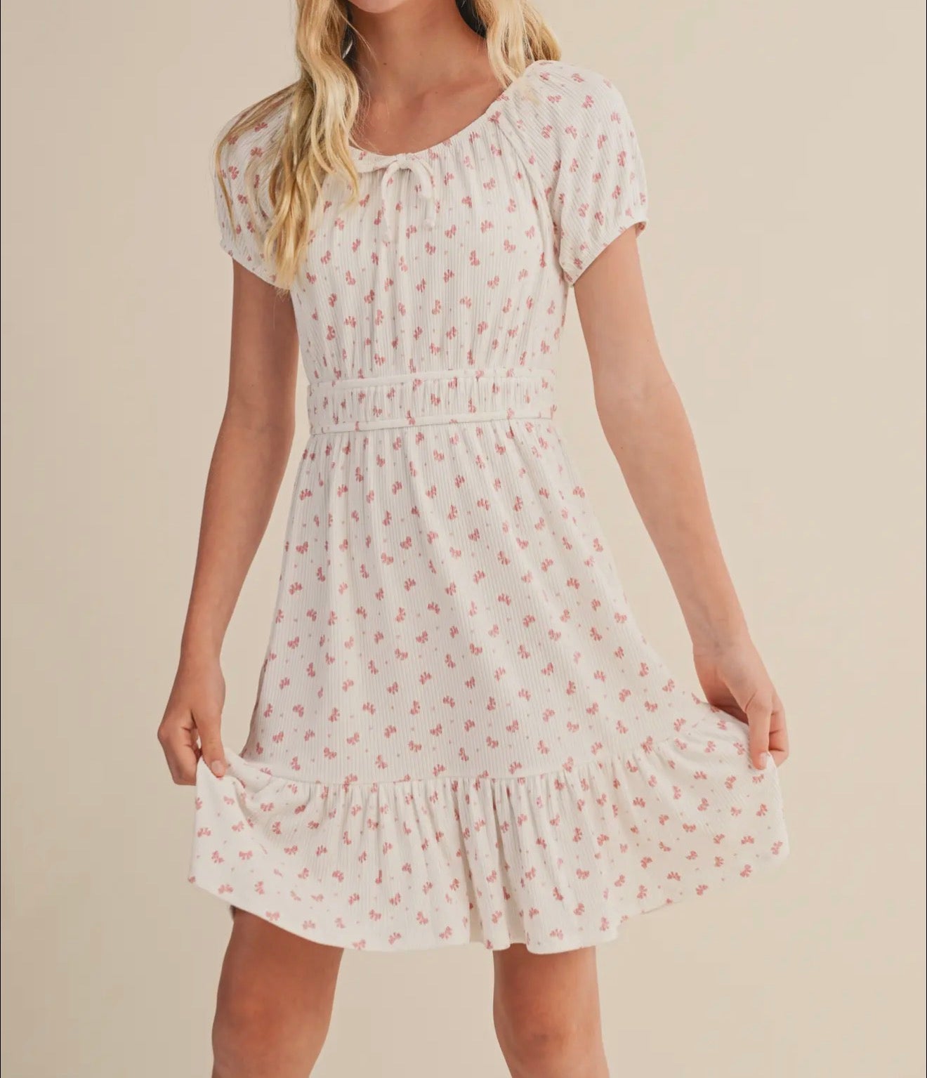 Tween Girls Puff Sleeve Smock Waist Tiered Dress