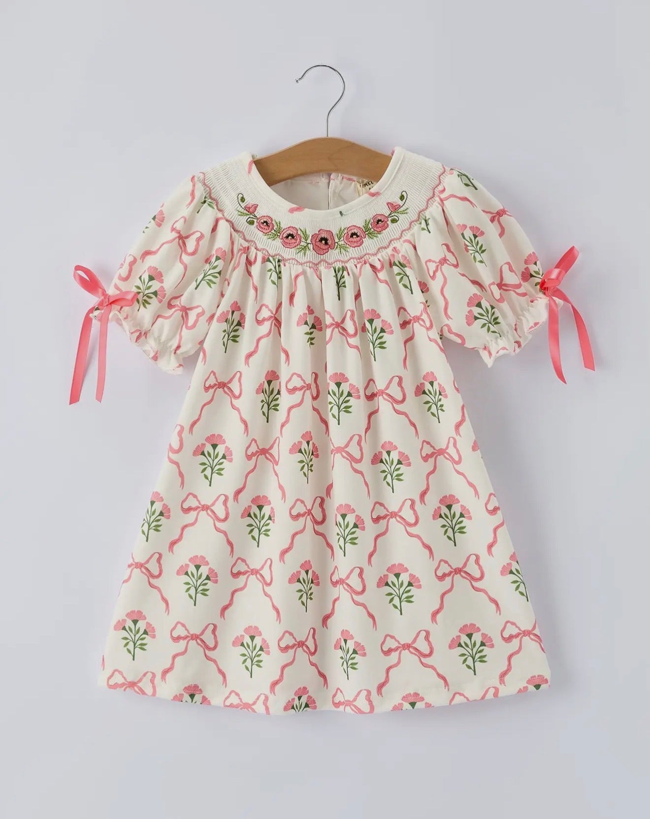 Spring Floral Smocking Embroidered Bow Dress