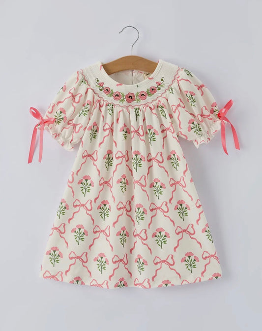 Spring Floral Smocking Embroidered Bow Dress