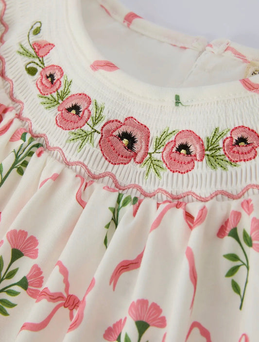 Spring Floral Smocking Embroidered Bow Dress