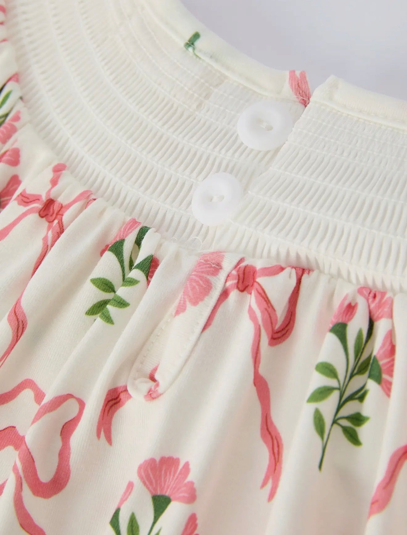 Spring Floral Smocking Embroidered Bow Dress