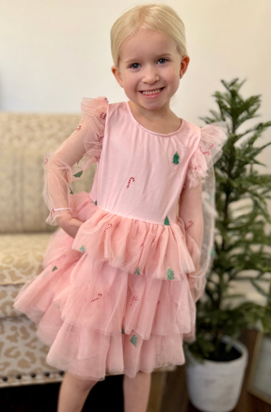 Frosted Pink Candy Cane Christmas Ruffled Tutu Dress