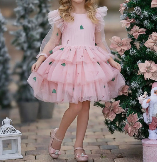 Frosted Pink Candy Cane Christmas Ruffled Tutu Dress