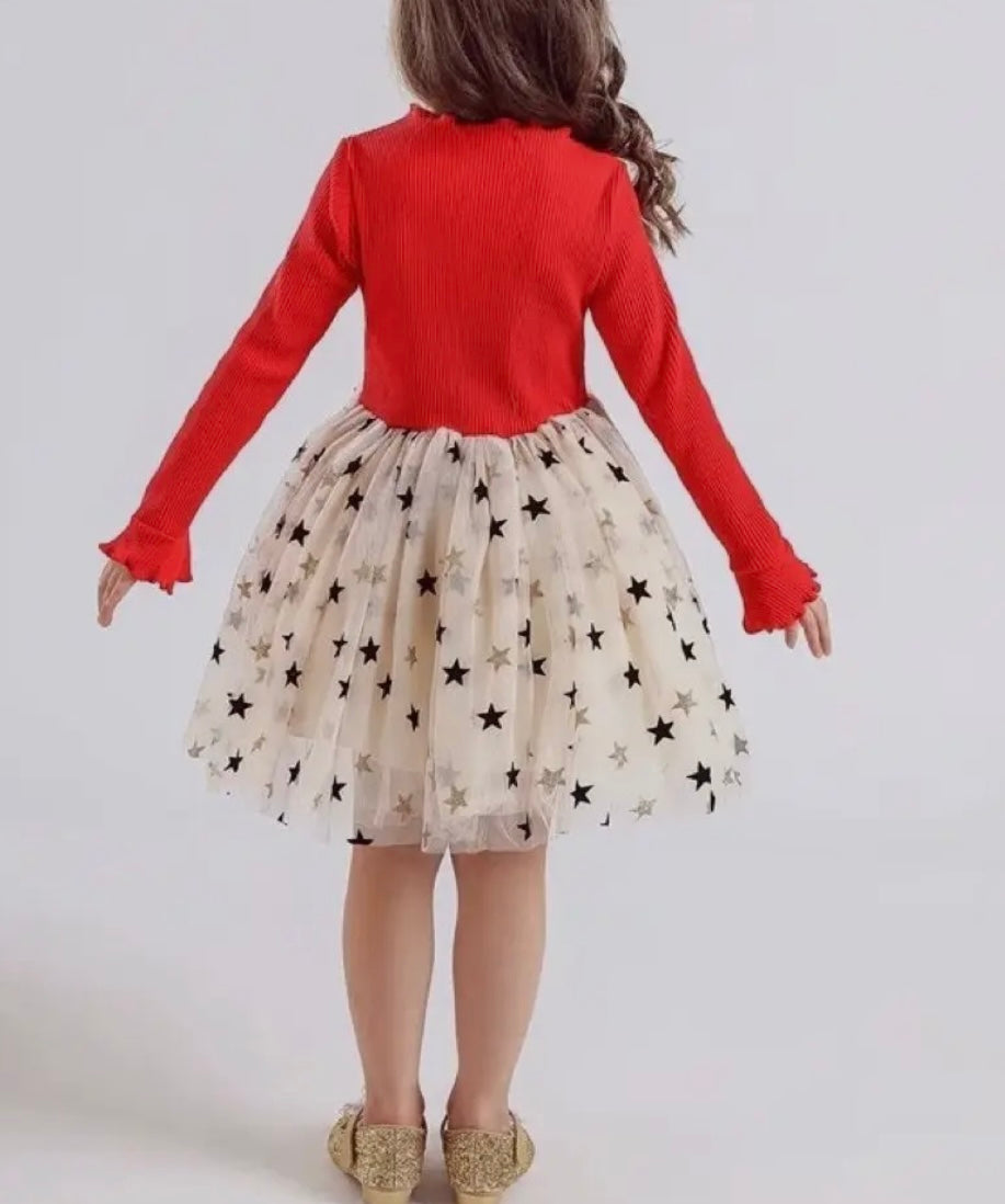 Tiny Stars Red Long Sleeve Parker Dress