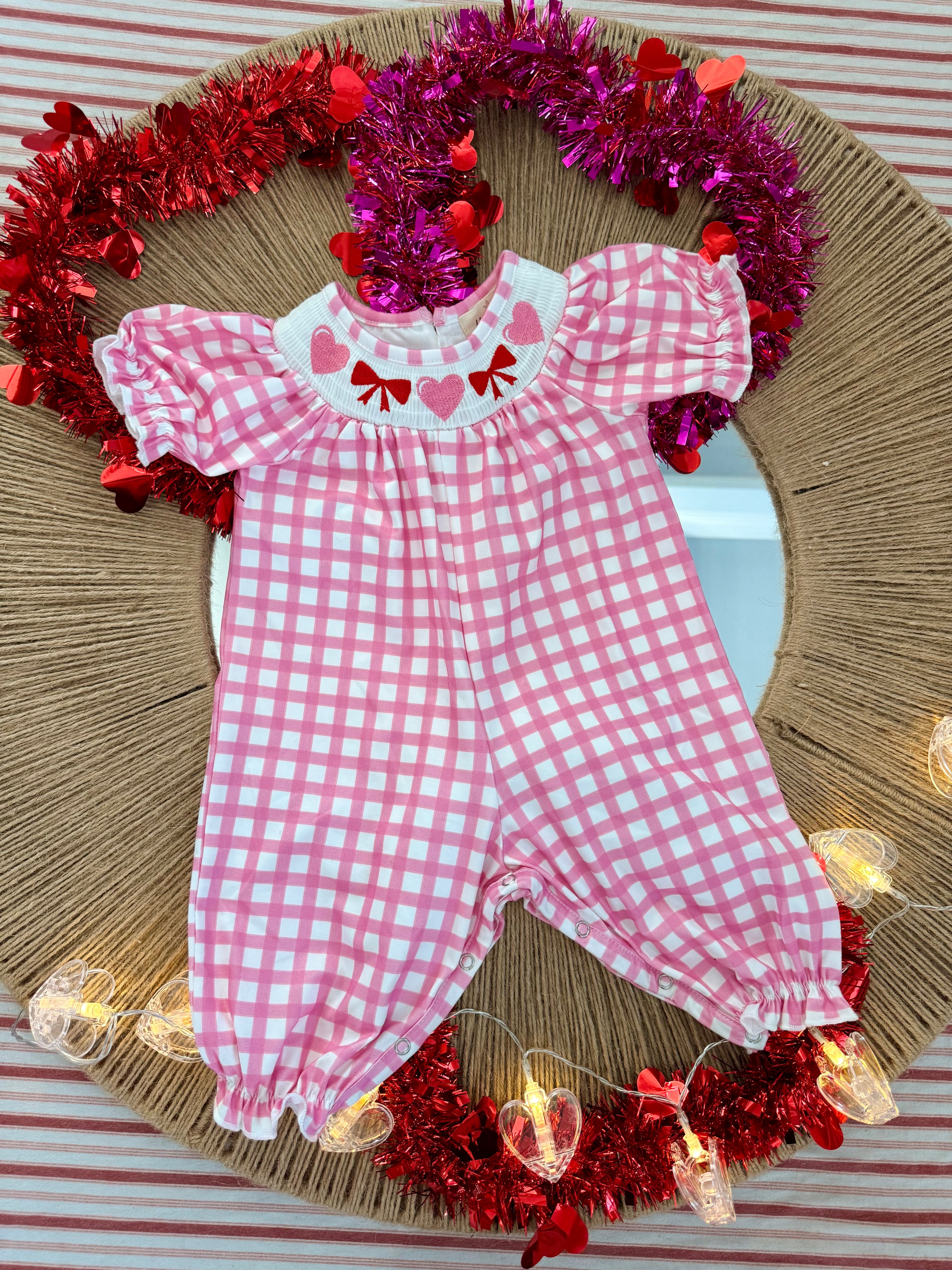 Pink Gingham Smocked Hearts & Bows Ruffle Romper