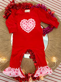 Red & Pink Stitched Heart Ruffle Romper