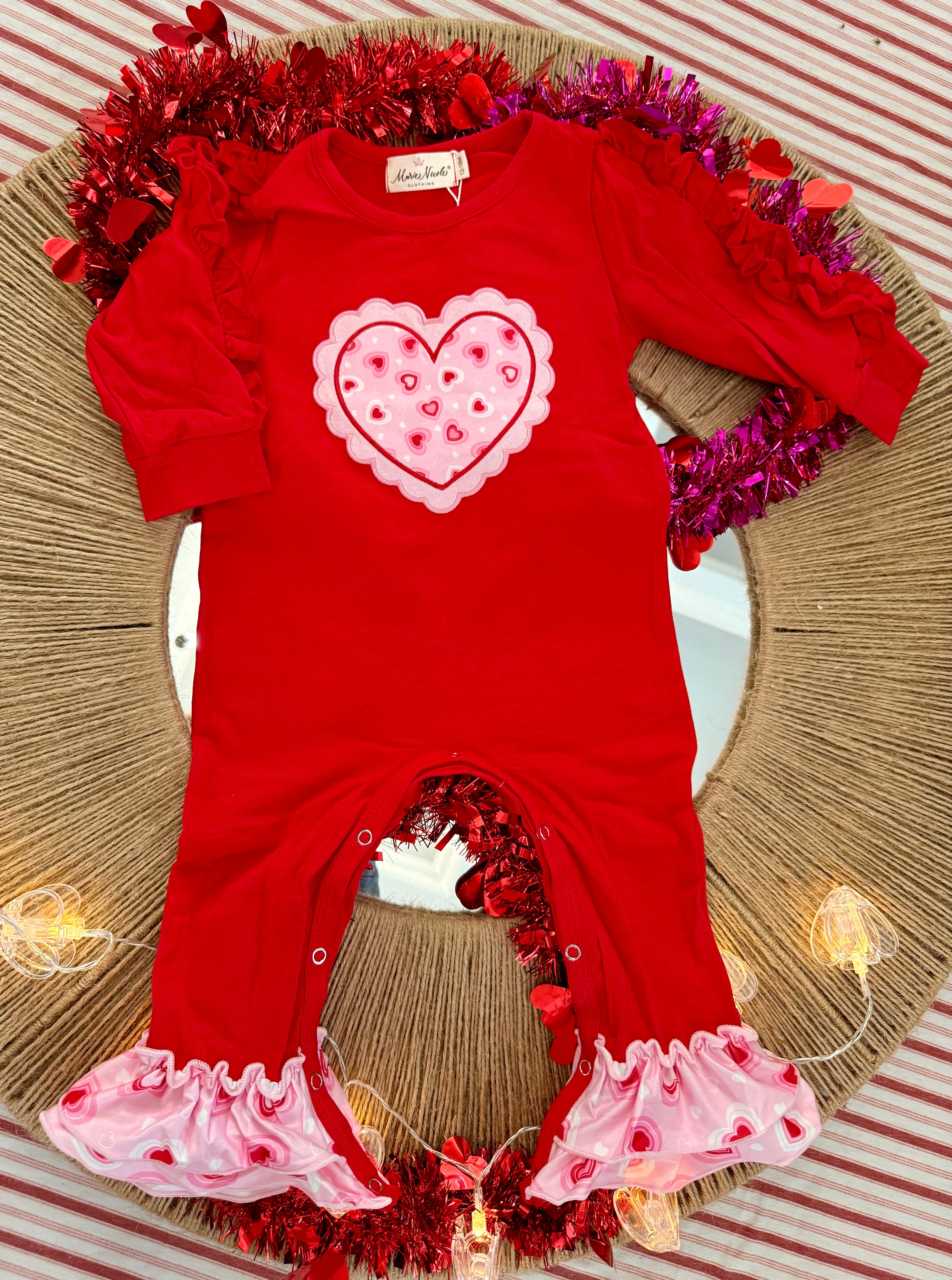 Red & Pink Stitched Heart Ruffle Romper