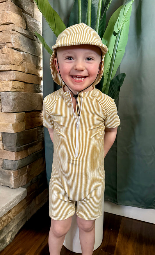 Neutral Stripe Rash Guard Swimsuit with Hat