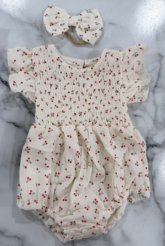 Cherry Linen Romper+Headband