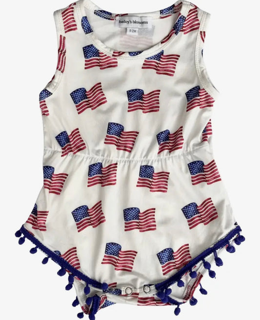 Dillon Patriotic Flags Pom Pom Romper