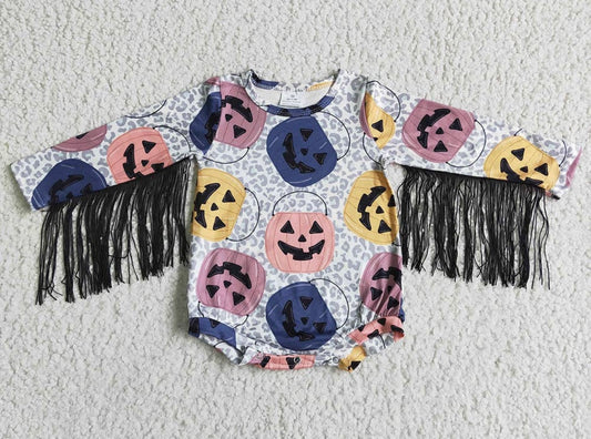 Long Sleeve Leopard Pumpkin Tassel Romper