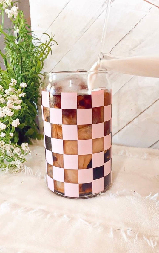 Retro Pink Checkered Glass Can Cup