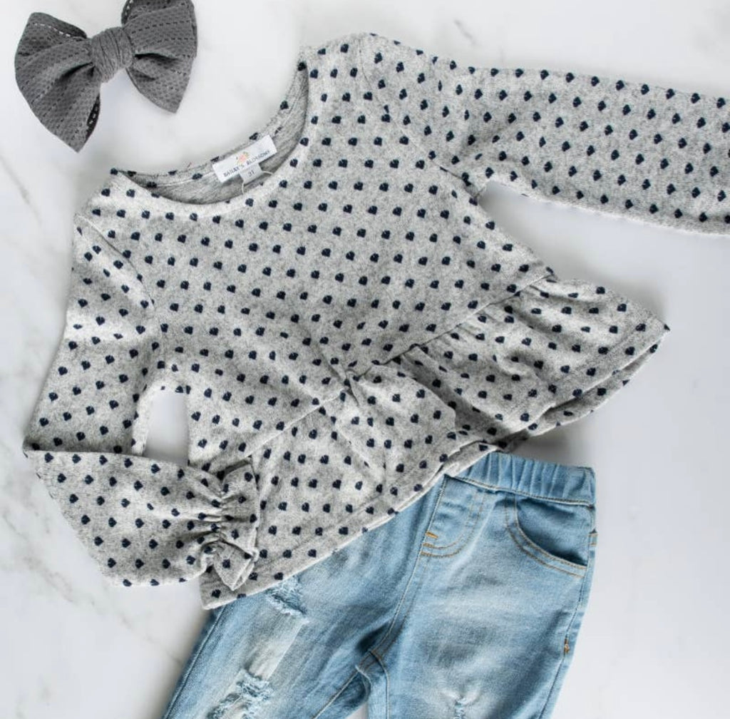 Abby Long Sleeve Ruffle Top- Gray+Blue Hearts