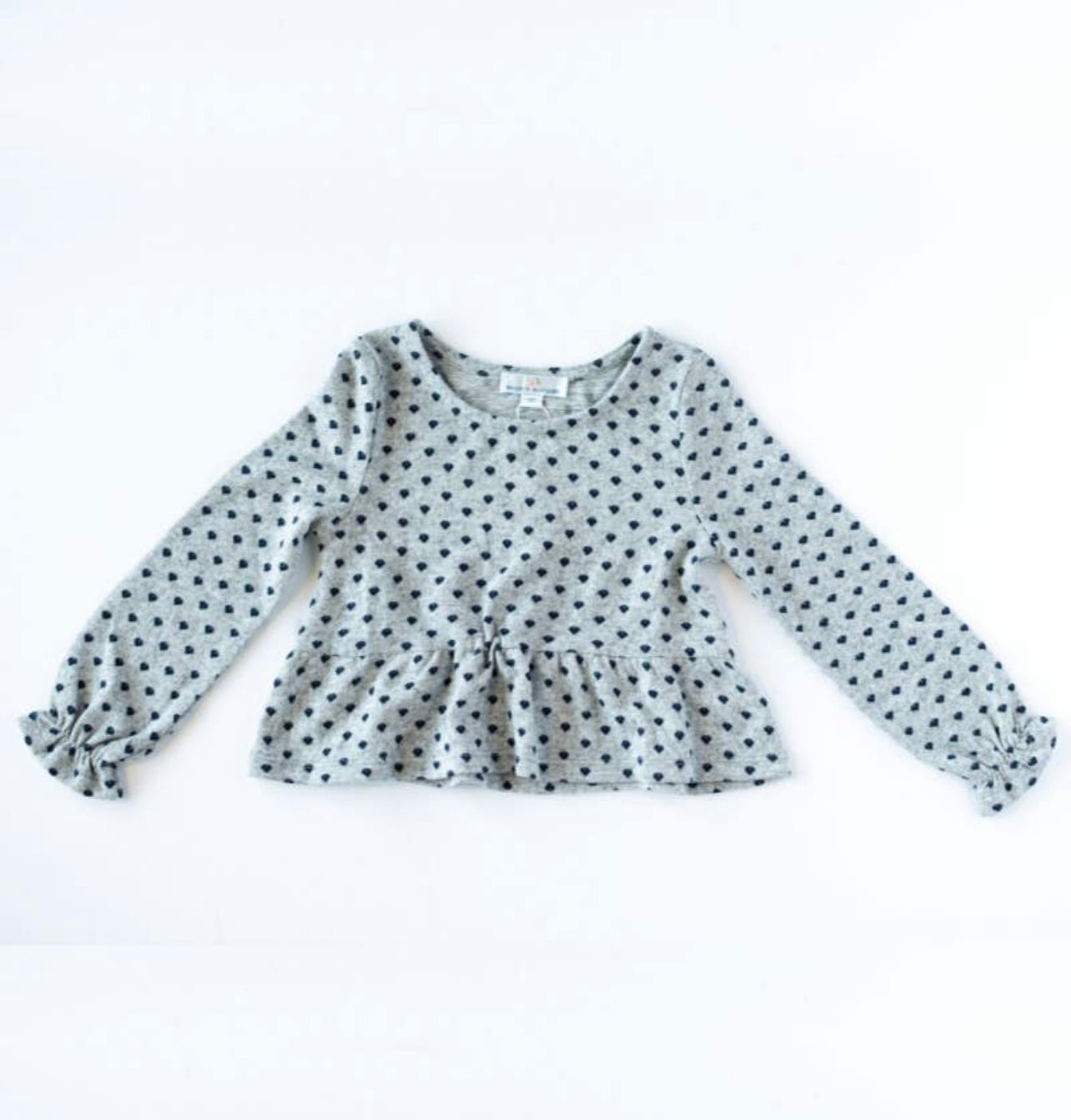 Abby Long Sleeve Ruffle Top- Gray+Blue Hearts