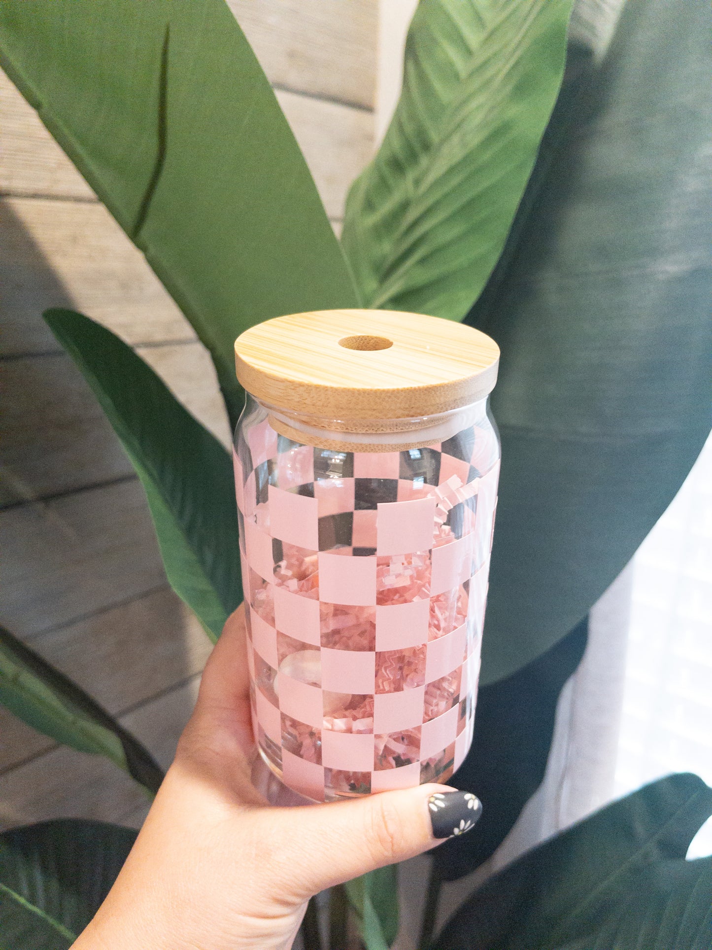 Retro Pink Checkered Glass Can Cup