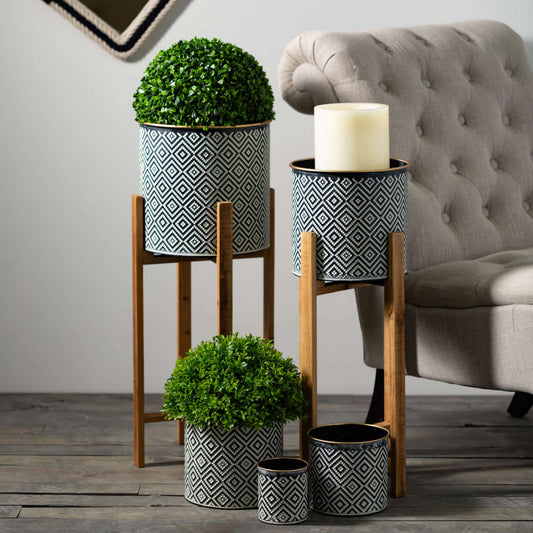 Mod Pattern Planters on Wood Stand