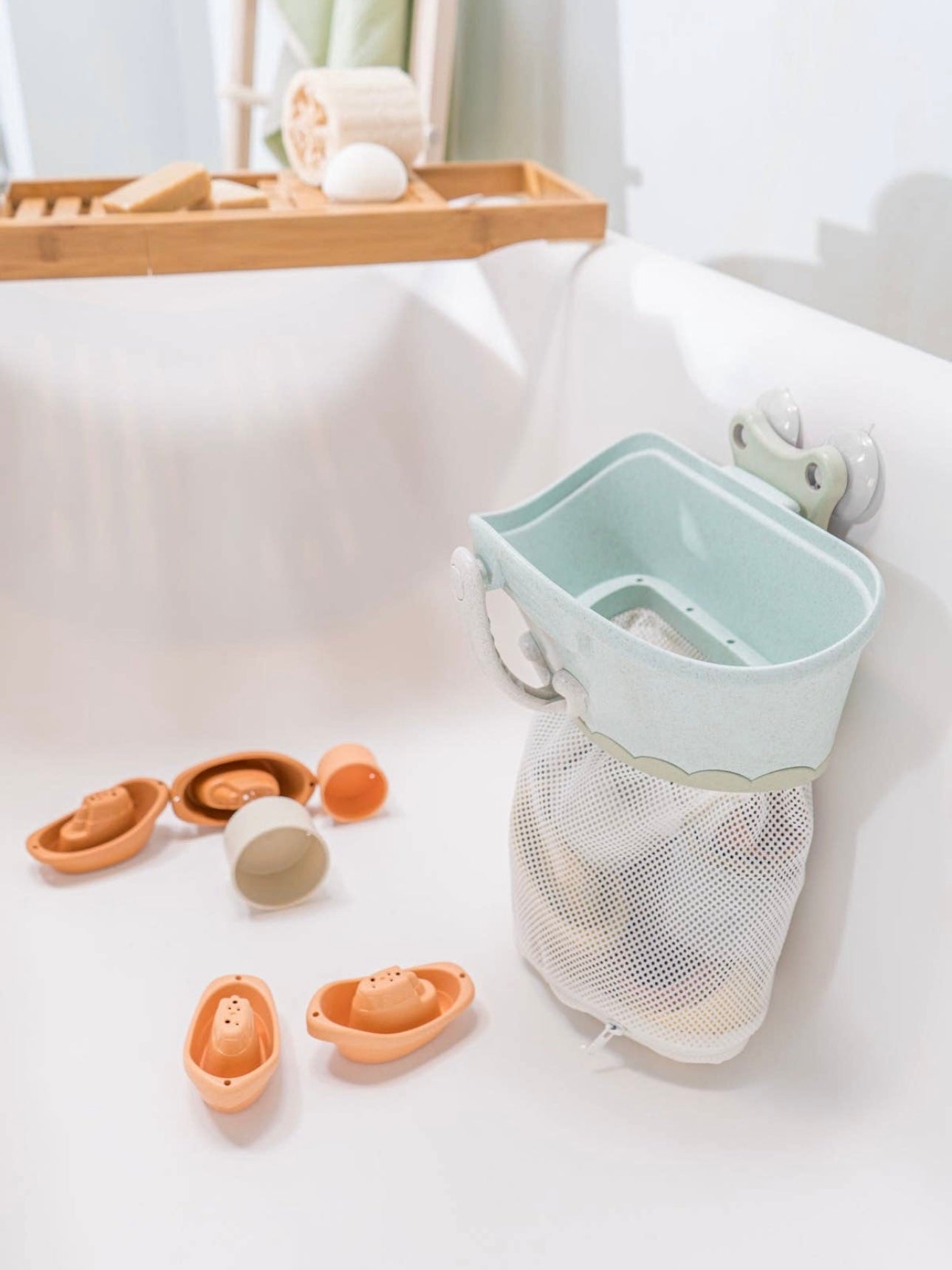 Bath Toy Organizer with Stackable Cups and Boats