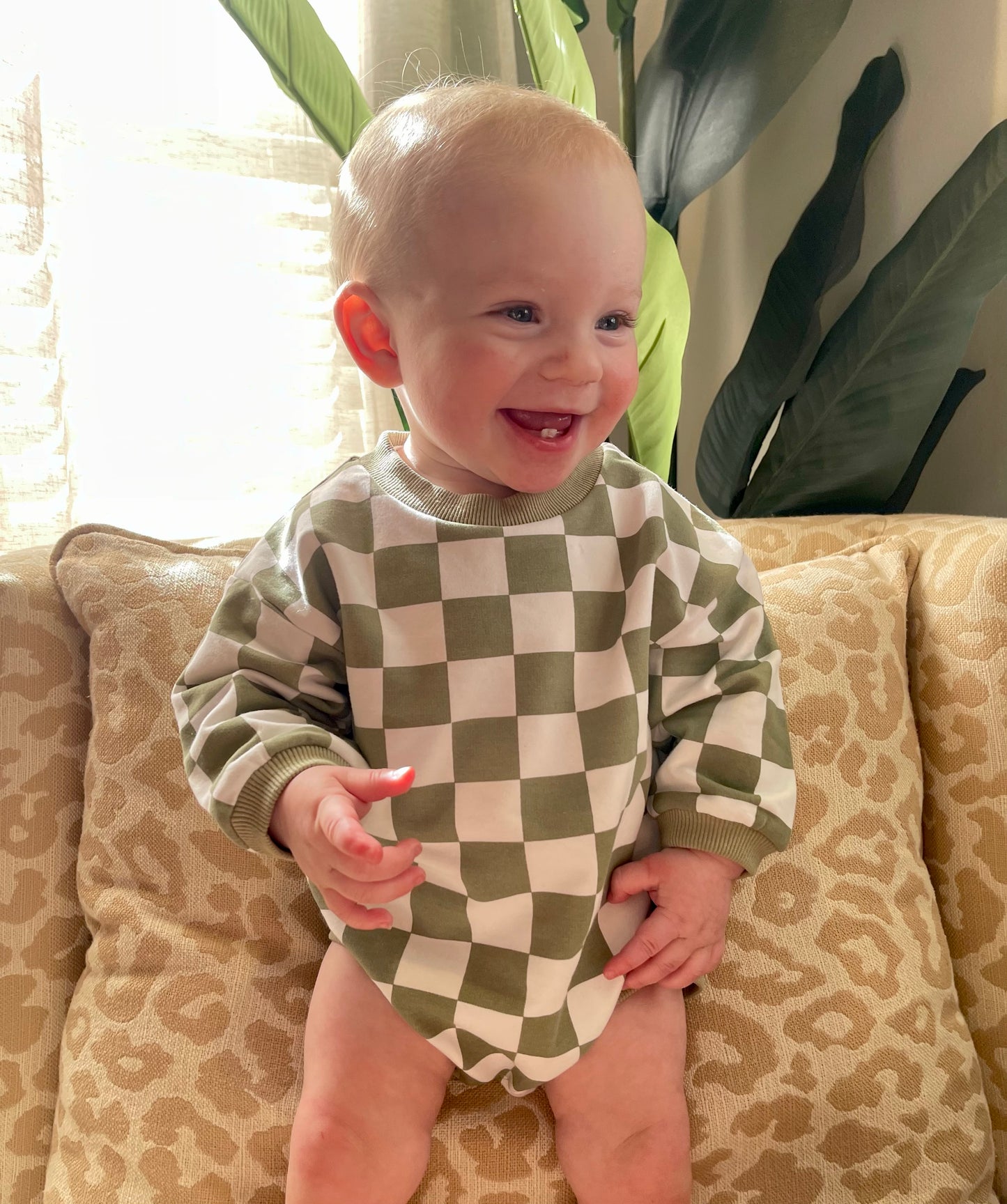Green Checkered Baby Organic Sweater Bubble Romper