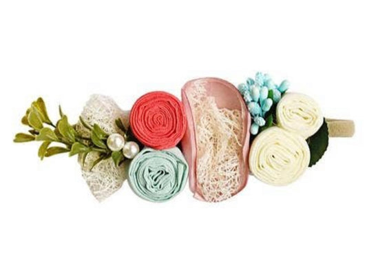 Floral Stretch Headband Mauve, Coral, Aqua+Ivory