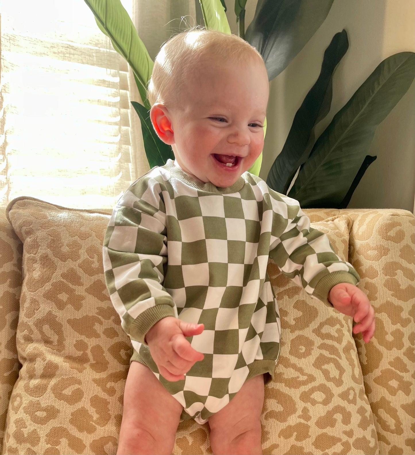 Green Checkered Baby Organic Sweater Bubble Romper